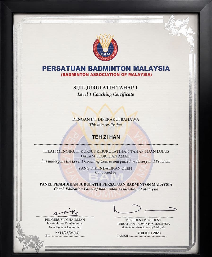 Badminton Association of Malaysia Level 1 coaching certificate awarded to Teh Zi Han